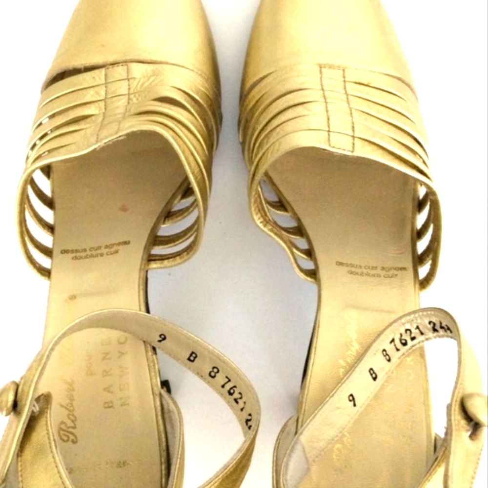 Vtg CHARLES JOURDAN Gold Leather FRANCE Closed Toes Luxury BARNEYS Heels Shoes 9 - Picture 3 of 12